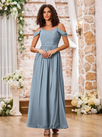 Scoop Neck Spaghetti Straps Long Chiffon Dresses Dusty Blue