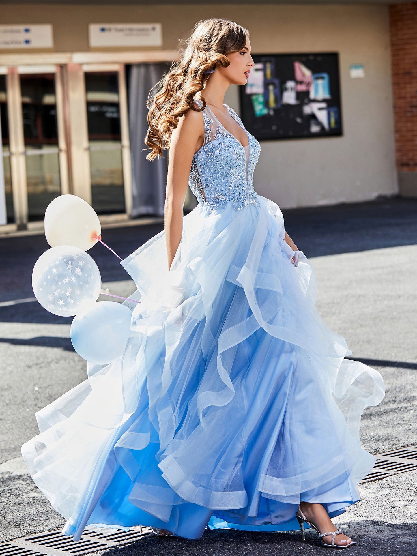 Sleeveless V-Neck Tulle Ball Gown Sky Blue