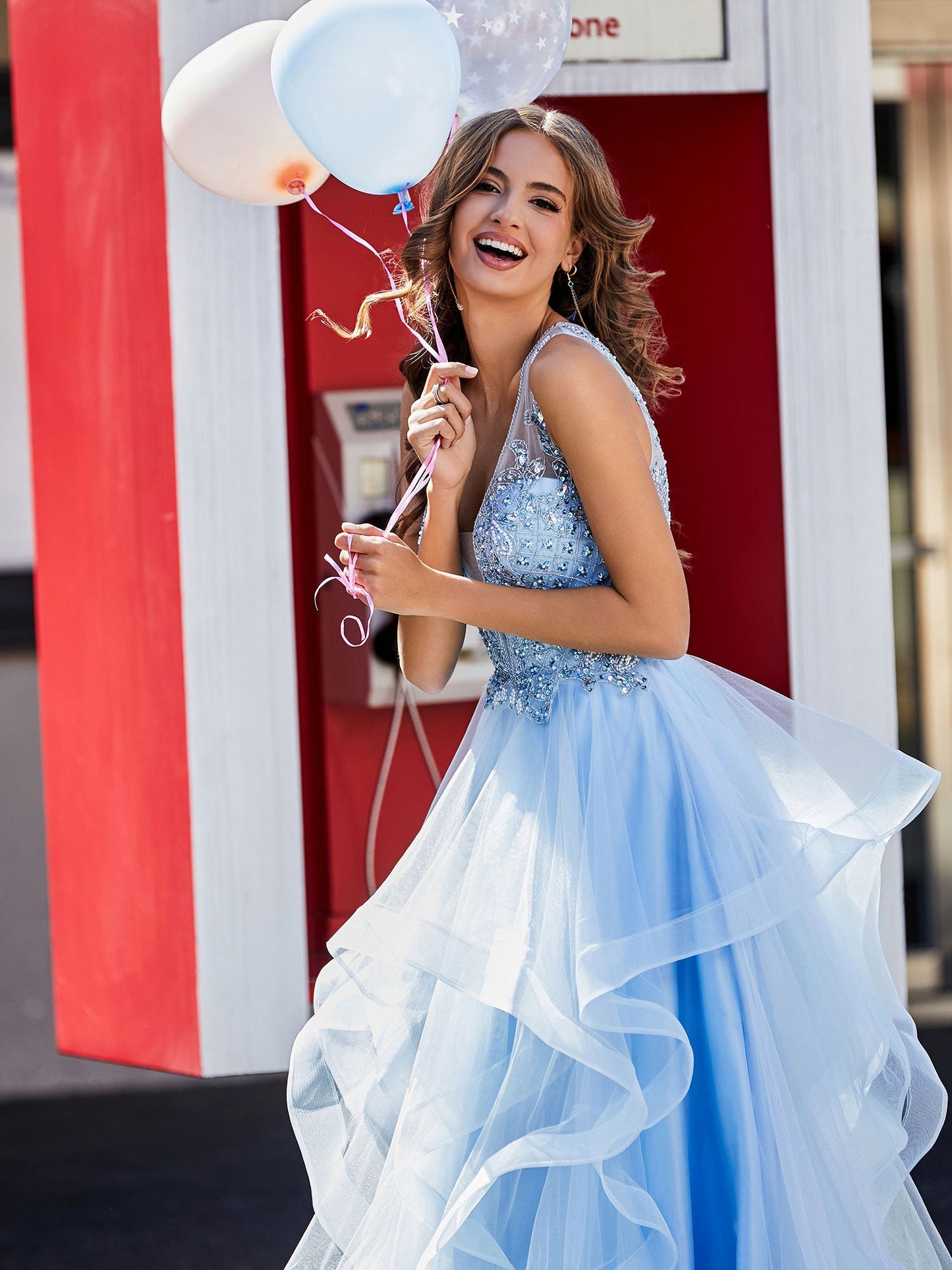 Sleeveless V-Neck Tulle Ball Gown Sky Blue