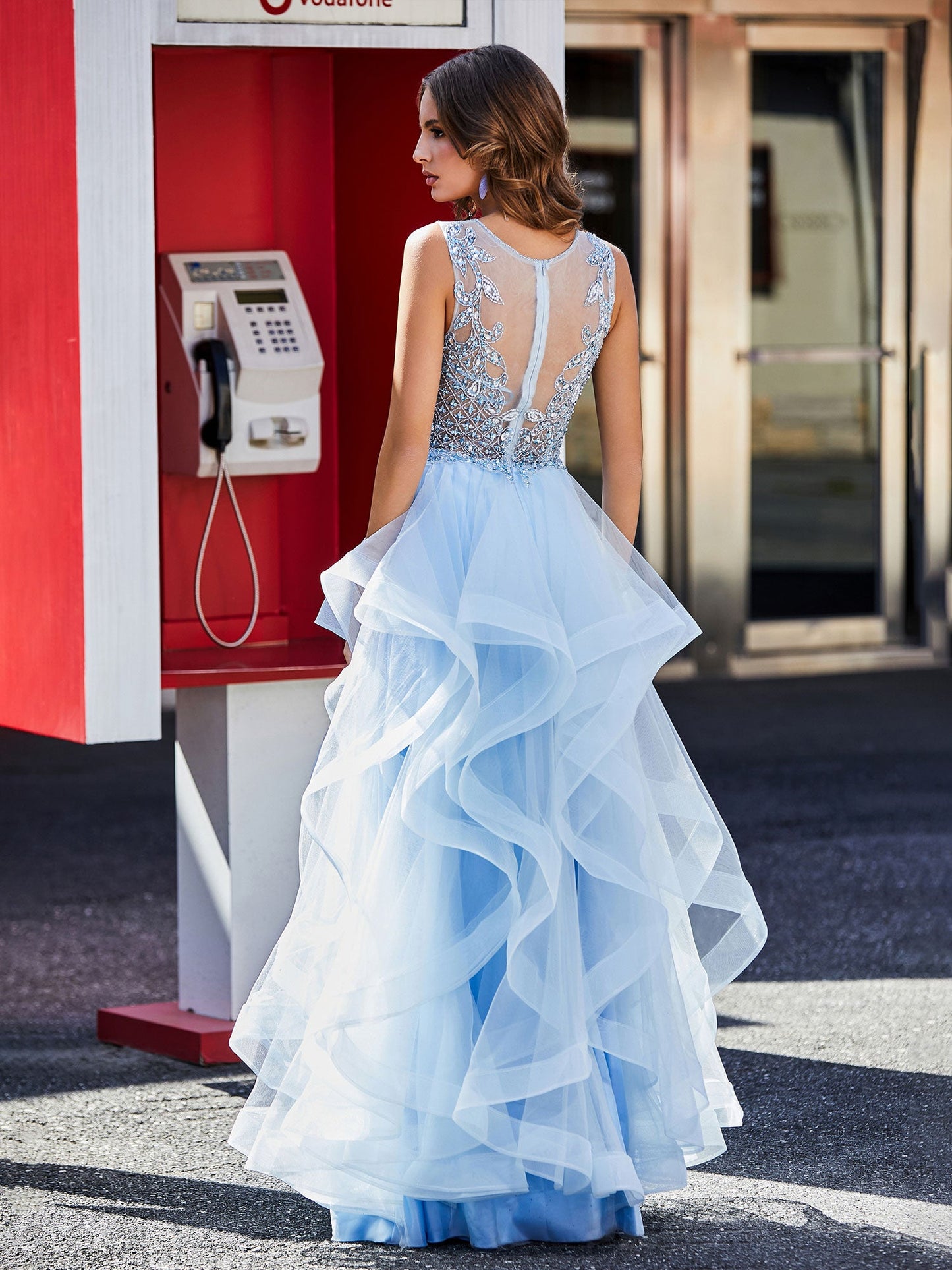 Sleeveless V-Neck Tulle Ball Gown Sky Blue