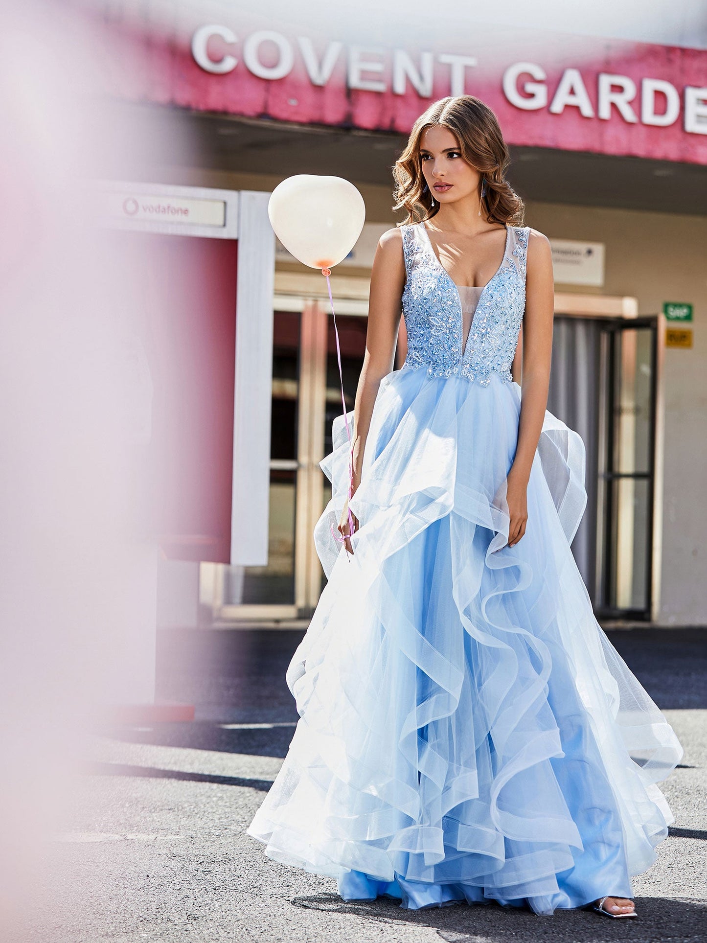 Sleeveless V-Neck Tulle Ball Gown Sky Blue
