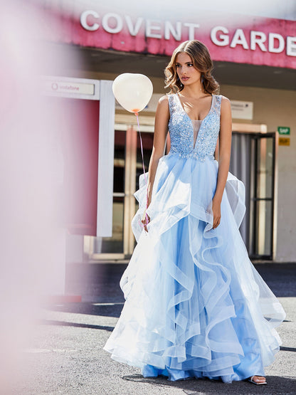 Sleeveless V-Neck Tulle Ball Gown Sky Blue