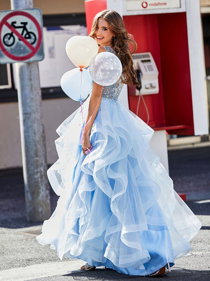 Sleeveless V-Neck Tulle Ball Gown Sky Blue