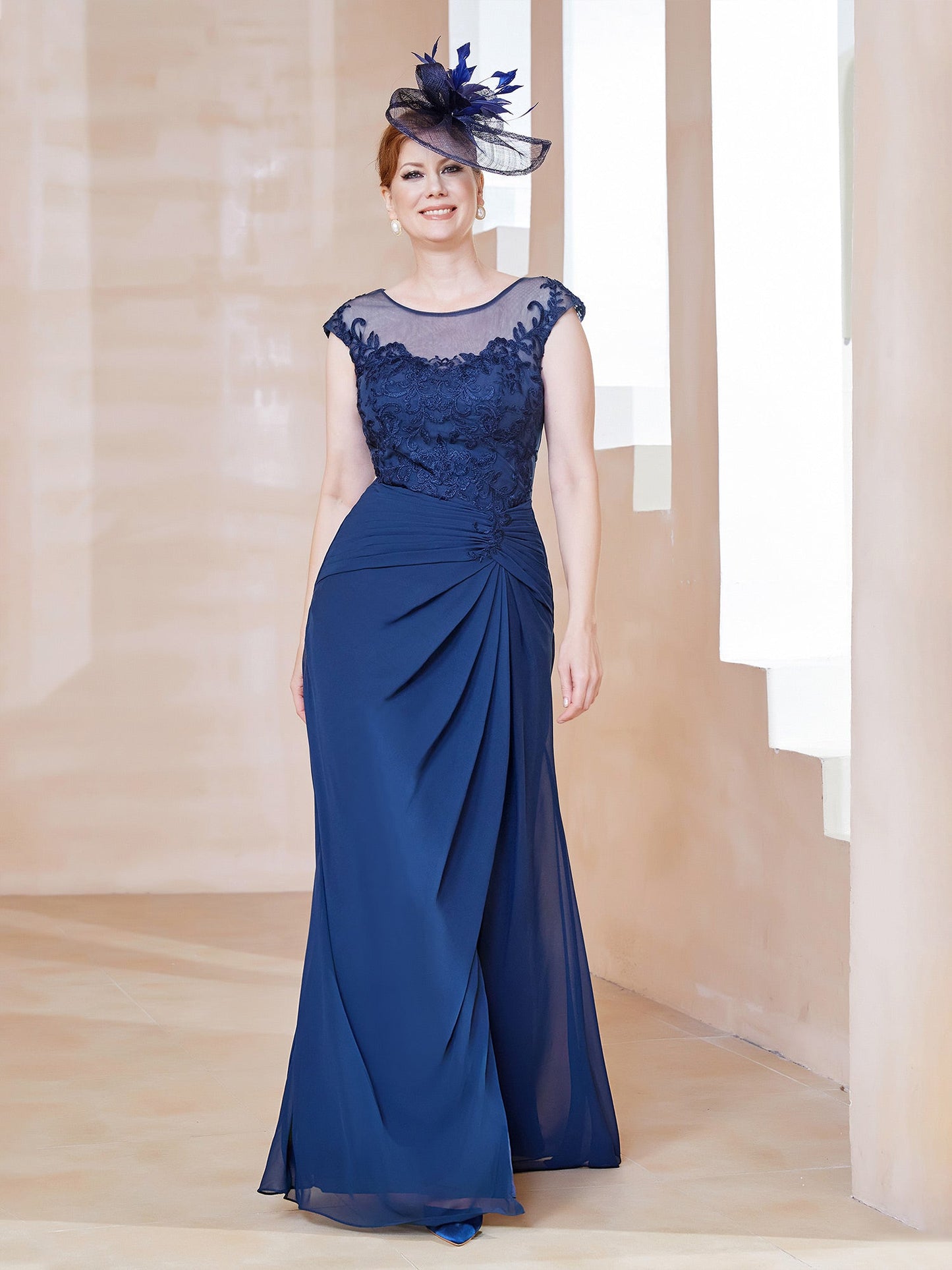 Illusion Neck Appliqued Dress With Slit Navy Blue