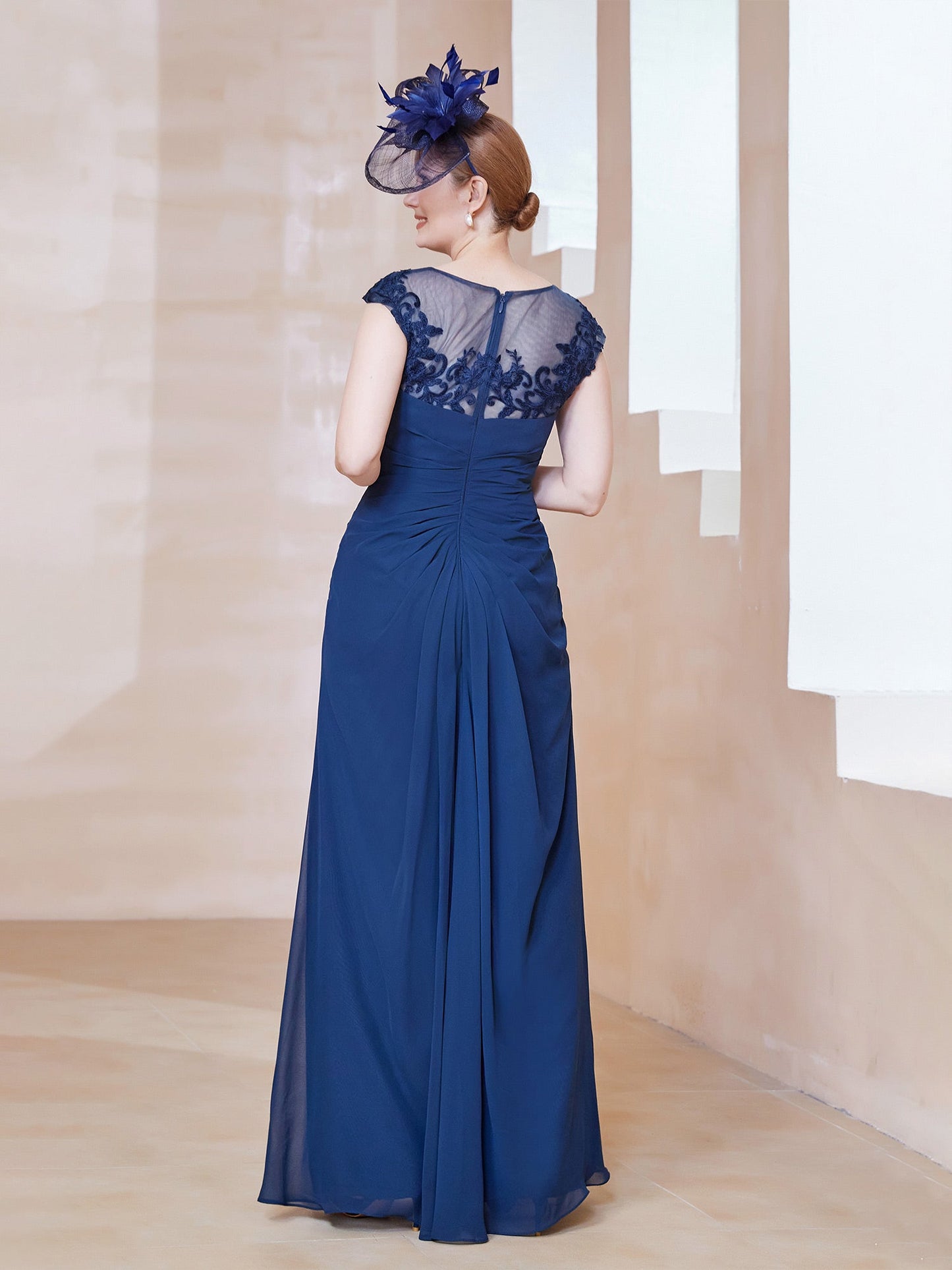 Illusion Neck Appliqued Dress With Slit Navy Blue