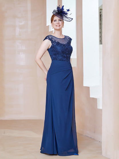 Illusion Neck Appliqued Dress With Slit Navy Blue