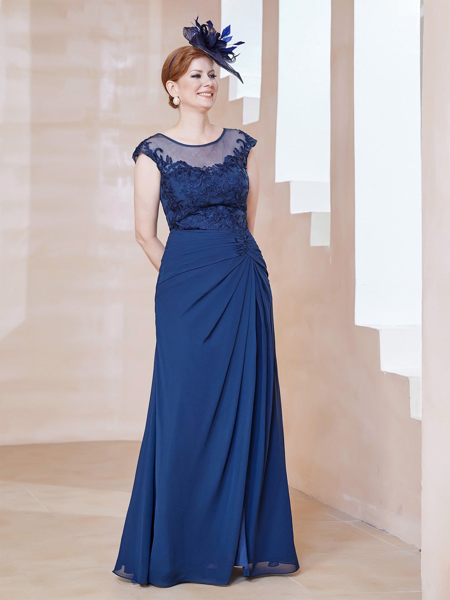Illusion Neck Appliqued Dress With Slit Navy Blue