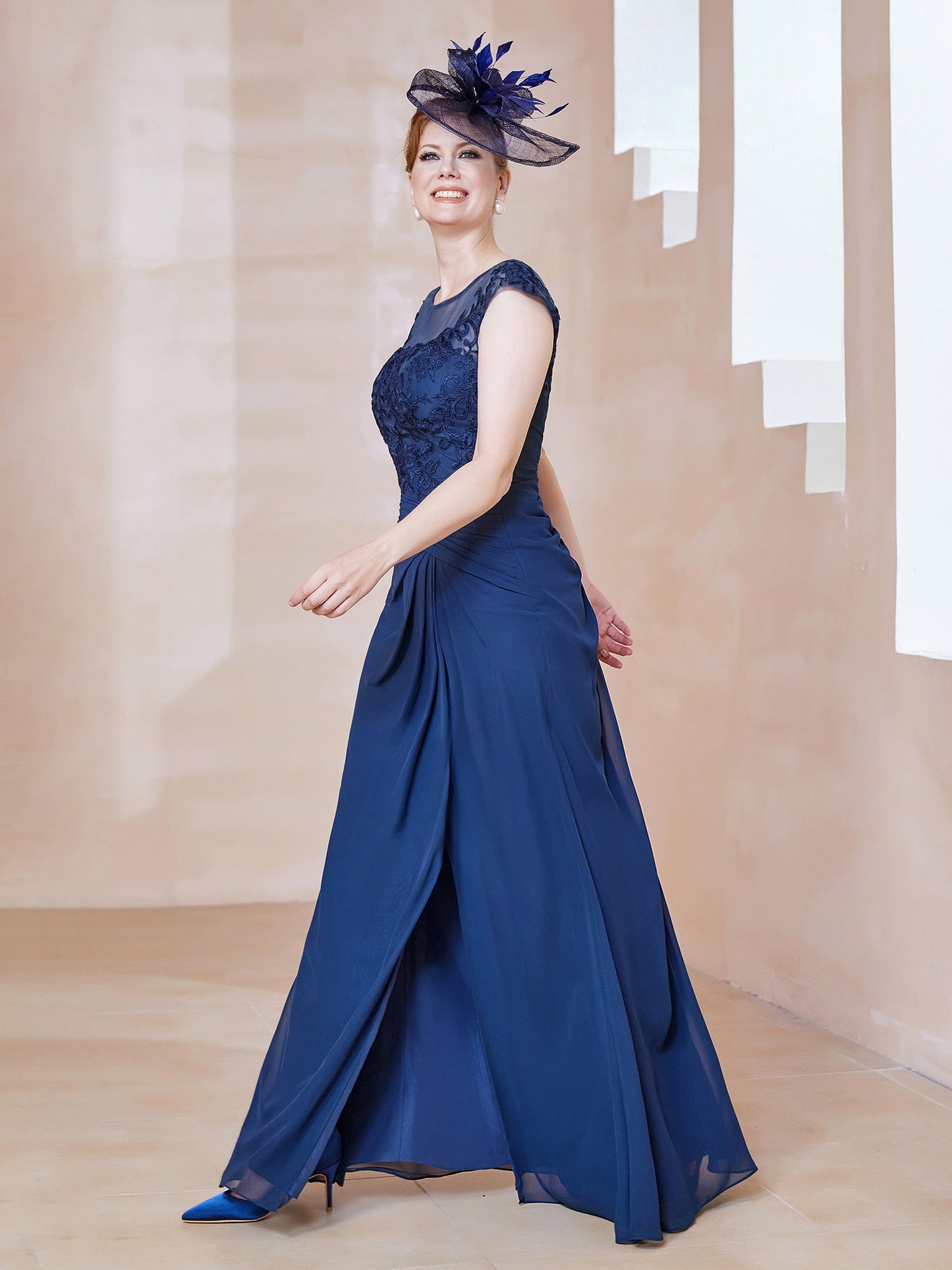Illusion Neck Appliqued Dress With Slit Navy Blue