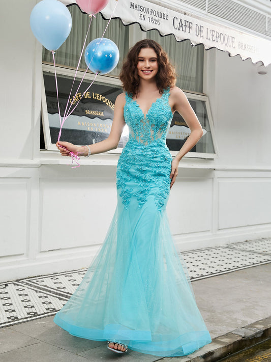 V-neck Appliqued Sheer Corset Mermaid Dress Spa
