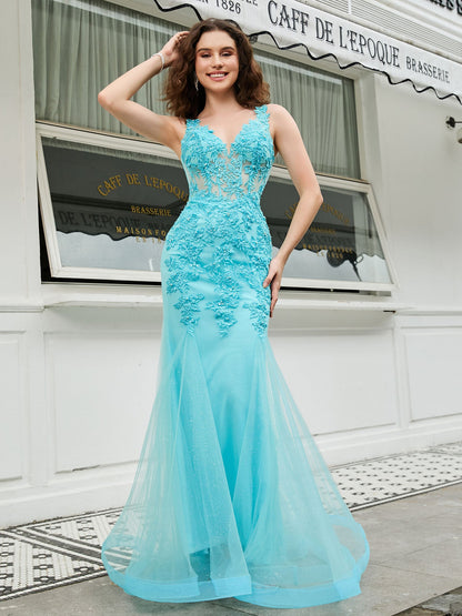 V-neck Appliqued Sheer Corset Mermaid Dress Spa