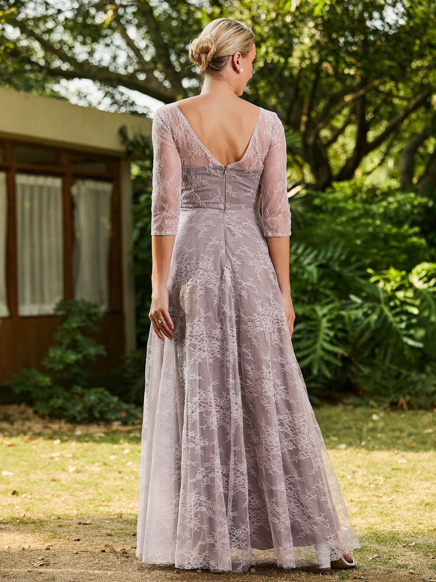 Lace A-line Half Sleeves Pleated Dress Dusk
