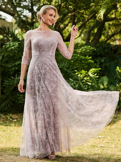 Lace A-line Half Sleeves Pleated Dress Dusk