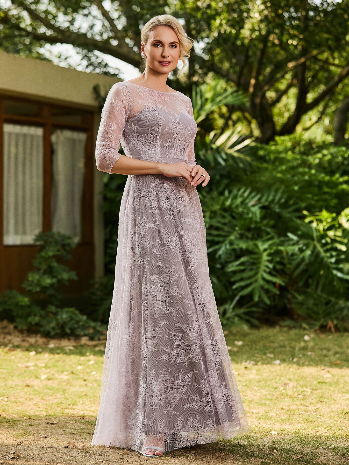 Lace A-line Half Sleeves Pleated Dress Dusk