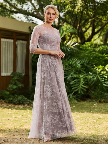 Lace A-line Half Sleeves Pleated Dress Dusk