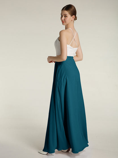 Chiffon Long Dresses with Ivory Lace Bodice-Ink Blue