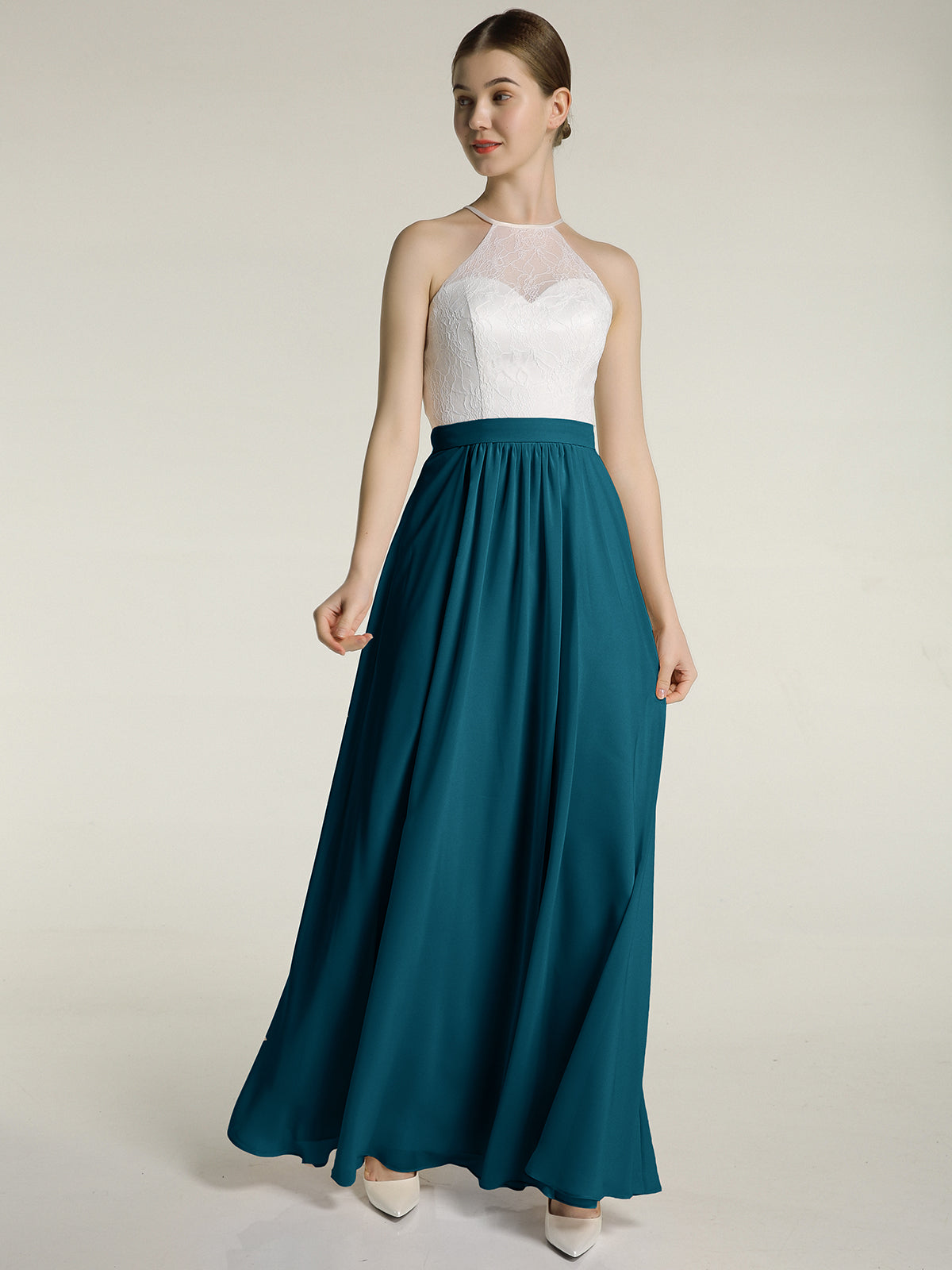 Chiffon Long Dresses with Ivory Lace Bodice-Ink Blue
