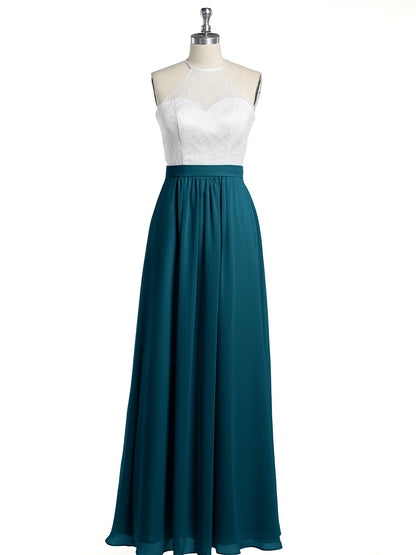 Chiffon Long Dresses with Ivory Lace Bodice-Ink Blue
