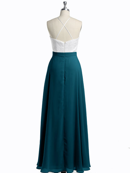 Chiffon Long Dresses with Ivory Lace Bodice-Ink Blue