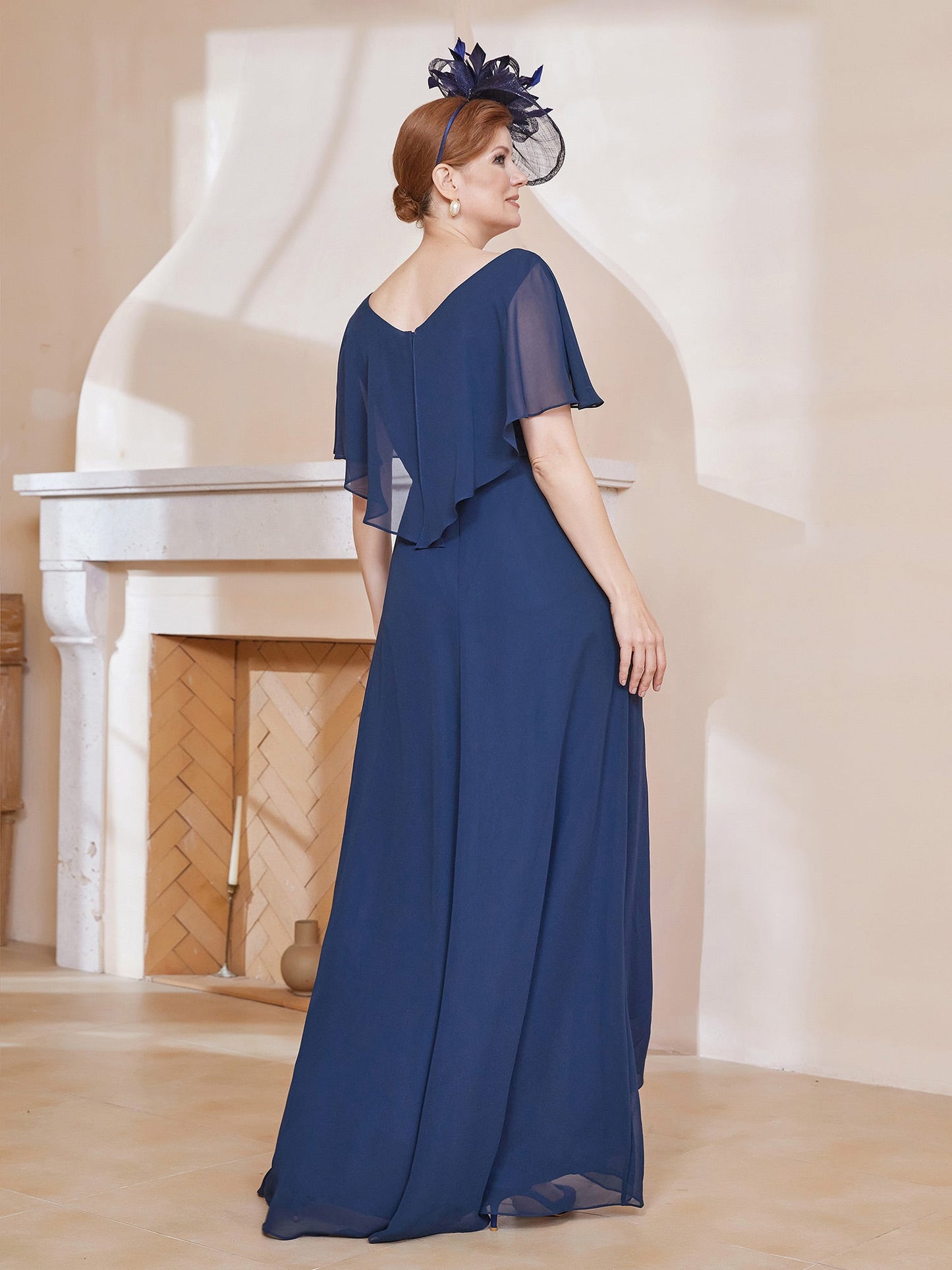V-neck Flutter Sleeves Asymmetrical Dress Dark Navy
