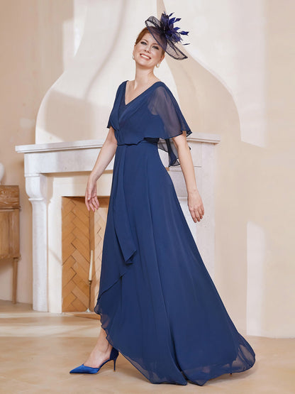 V-neck Flutter Sleeves Asymmetrical Dress Dark Navy