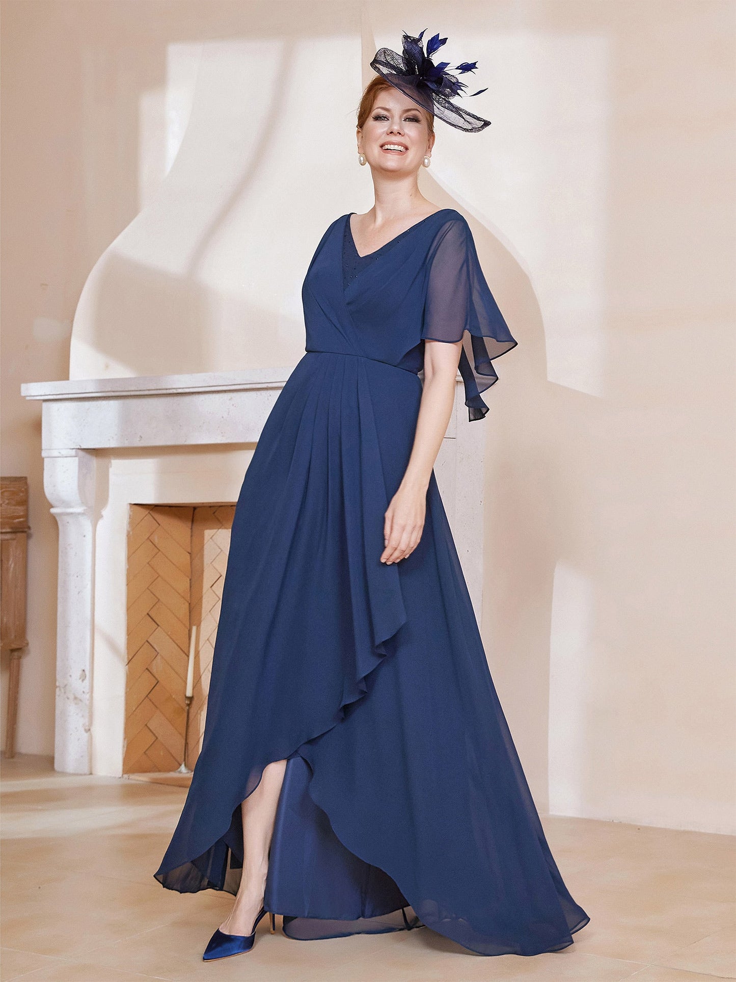 V-neck Flutter Sleeves Asymmetrical Dress Dark Navy
