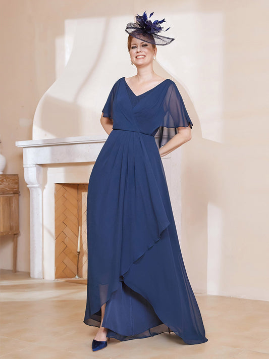 V-neck Flutter Sleeves Asymmetrical Dress Dark Navy