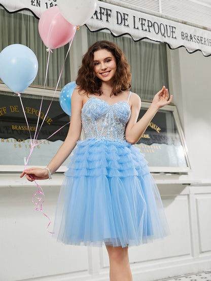 Tiered Sheer Appliqued Top Beaded Short Dress Sky Blue