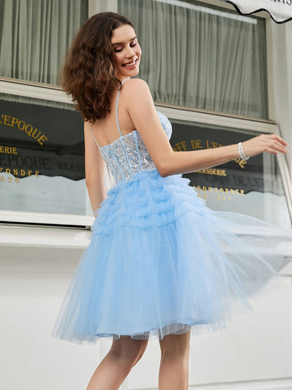 Tiered Sheer Appliqued Top Beaded Short Dress Sky Blue
