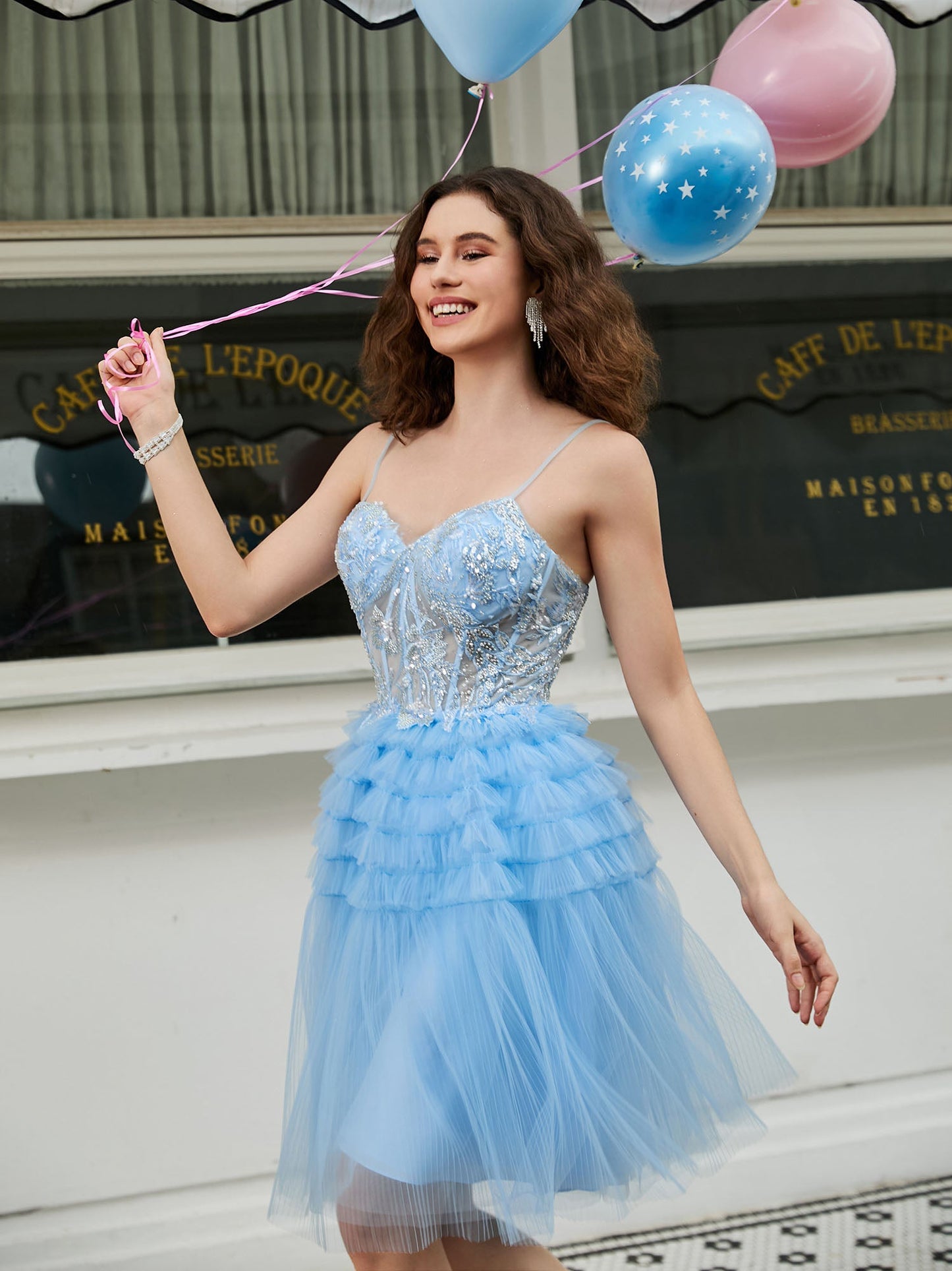 Tiered Sheer Appliqued Top Beaded Short Dress Sky Blue