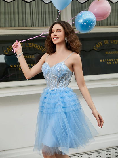 Tiered Sheer Appliqued Top Beaded Short Dress Sky Blue