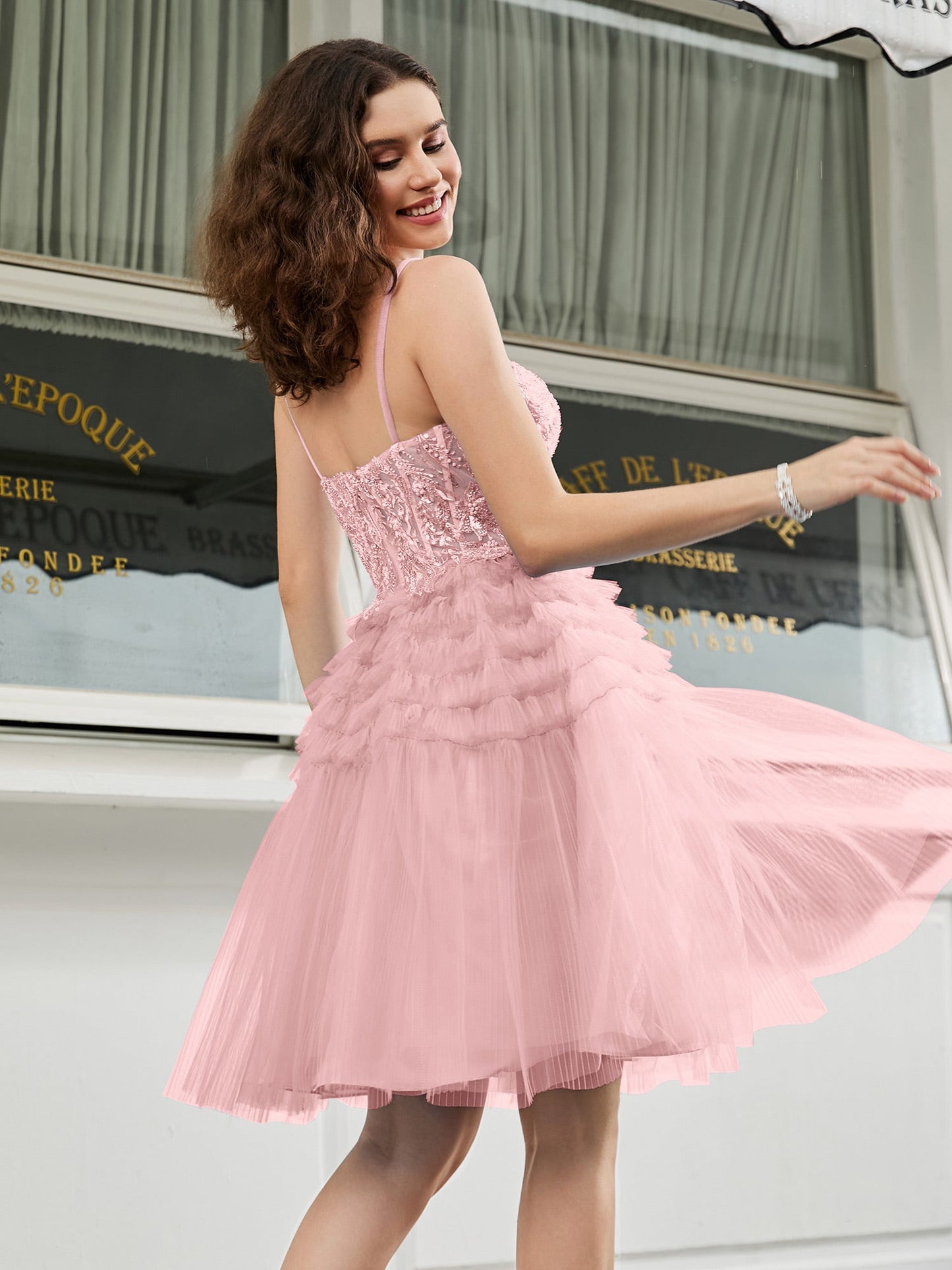 Tiered Sheer Appliqued Top Beaded Short Dress Dusty Rose