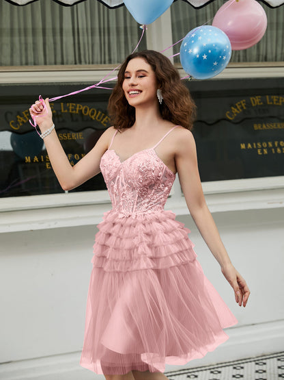 Tiered Sheer Appliqued Top Beaded Short Dress Dusty Rose