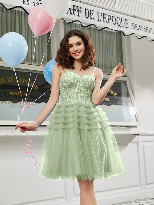 Tiered Sheer Appliqued Top Beaded Short Dress Dusty Sage
