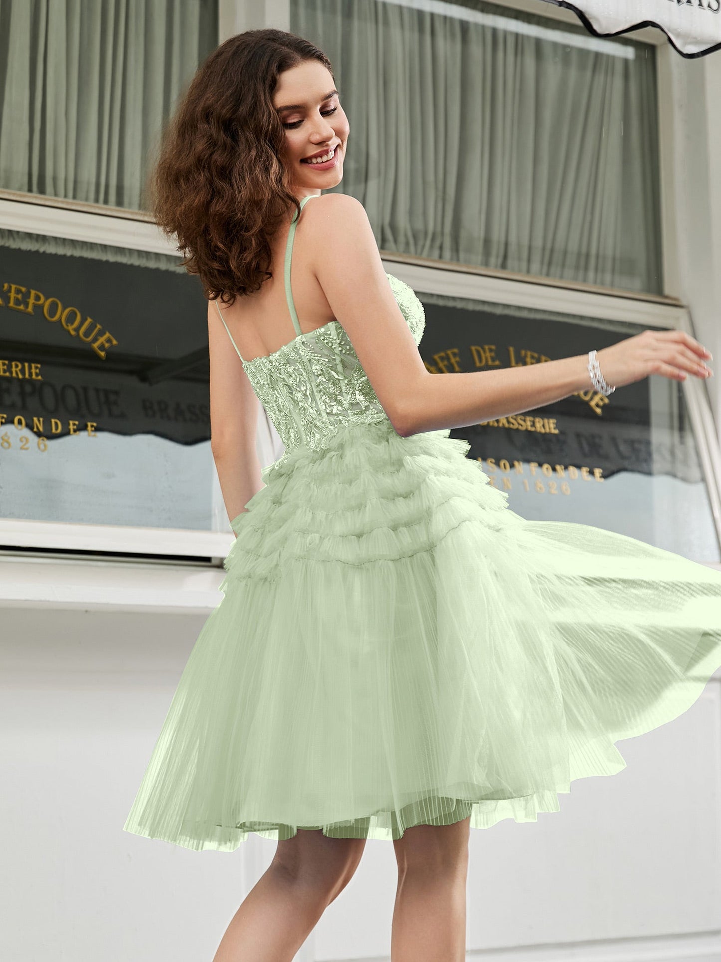 Tiered Sheer Appliqued Top Beaded Short Dress Dusty Sage
