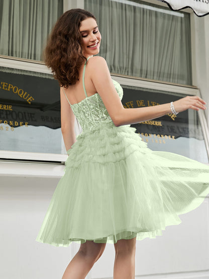 Tiered Sheer Appliqued Top Beaded Short Dress Dusty Sage