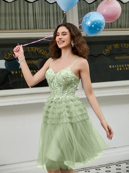 Tiered Sheer Appliqued Top Beaded Short Dress Dusty Sage