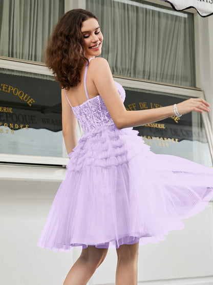 Tiered Sheer Appliqued Top Beaded Short Dress Lilac