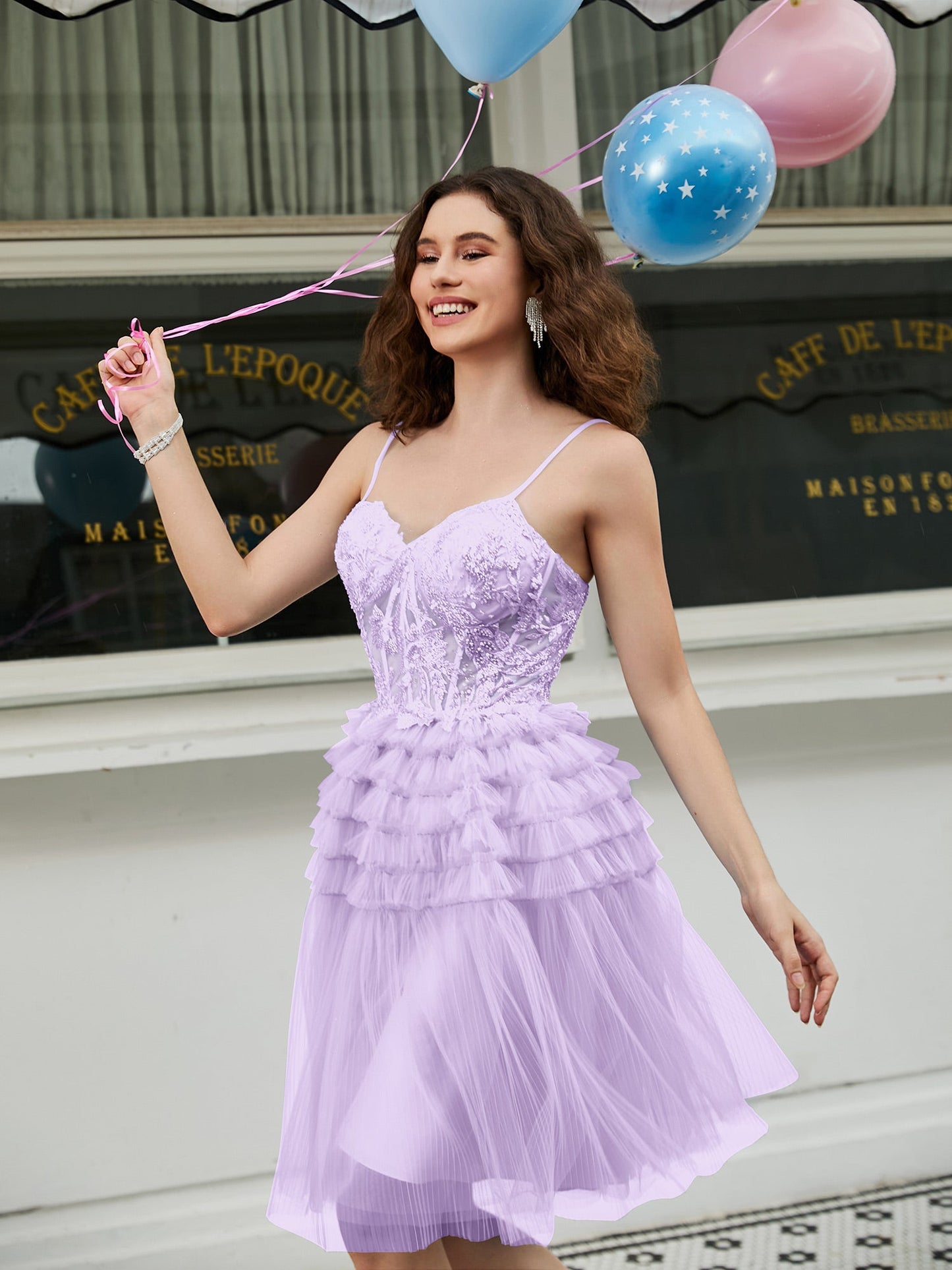 Tiered Sheer Appliqued Top Beaded Short Dress Lilac