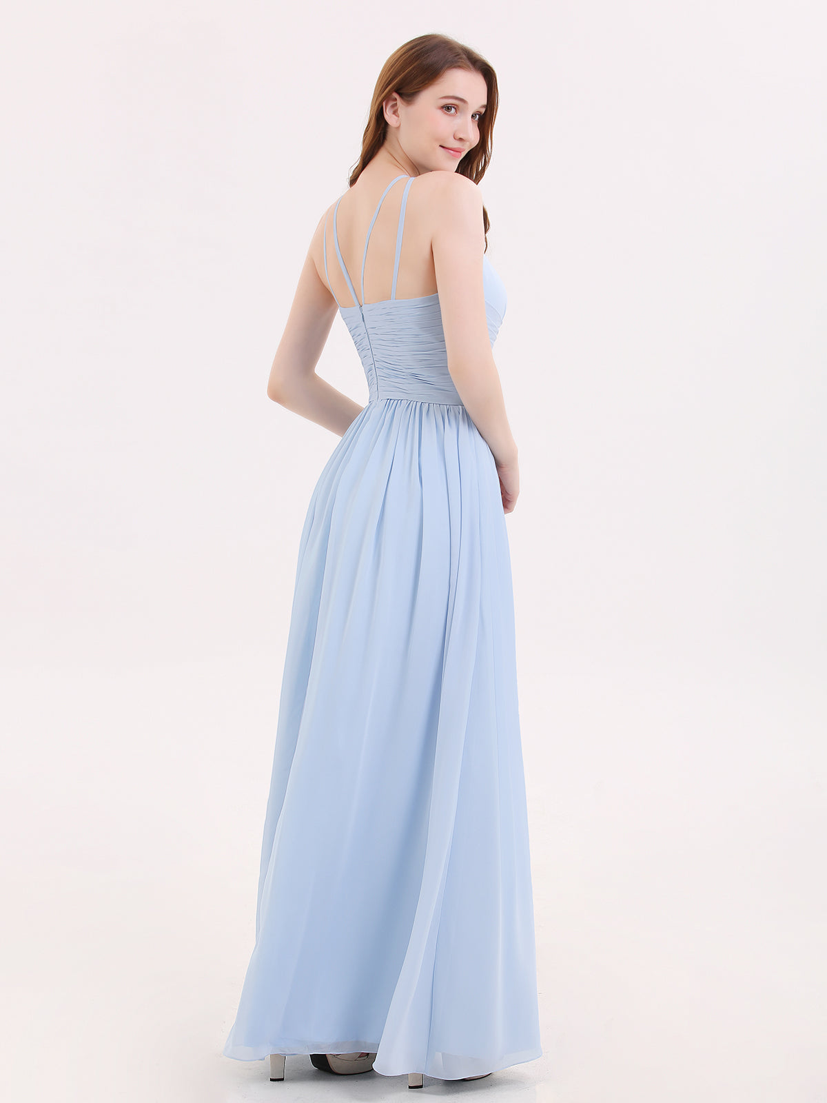 Double Strap Halter Long Chiffon Gowns-Sky Blue