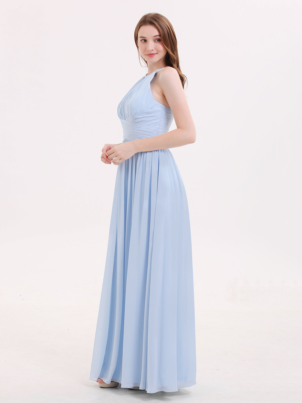 Double Strap Halter Long Chiffon Gowns-Sky Blue