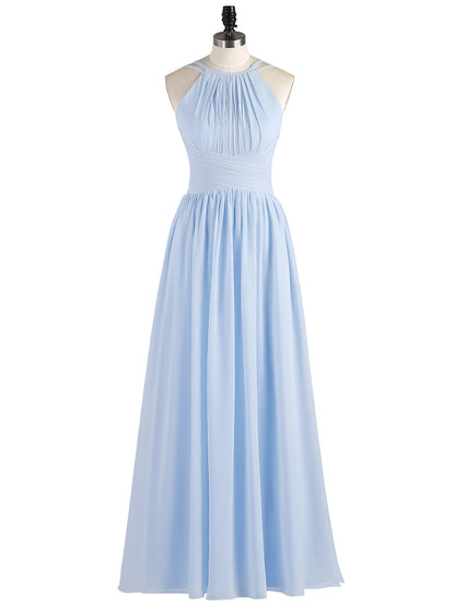 Double Strap Halter Long Chiffon Gowns-Sky Blue