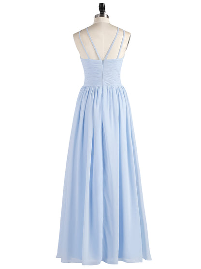 Double Strap Halter Long Chiffon Gowns-Sky Blue