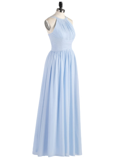 Double Strap Halter Long Chiffon Gowns-Sky Blue