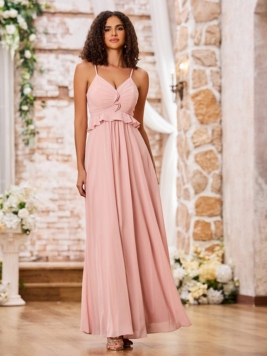 Spaghetti Straps A-line Chiffon Gowns with Ruffles Waist Dusty Rose