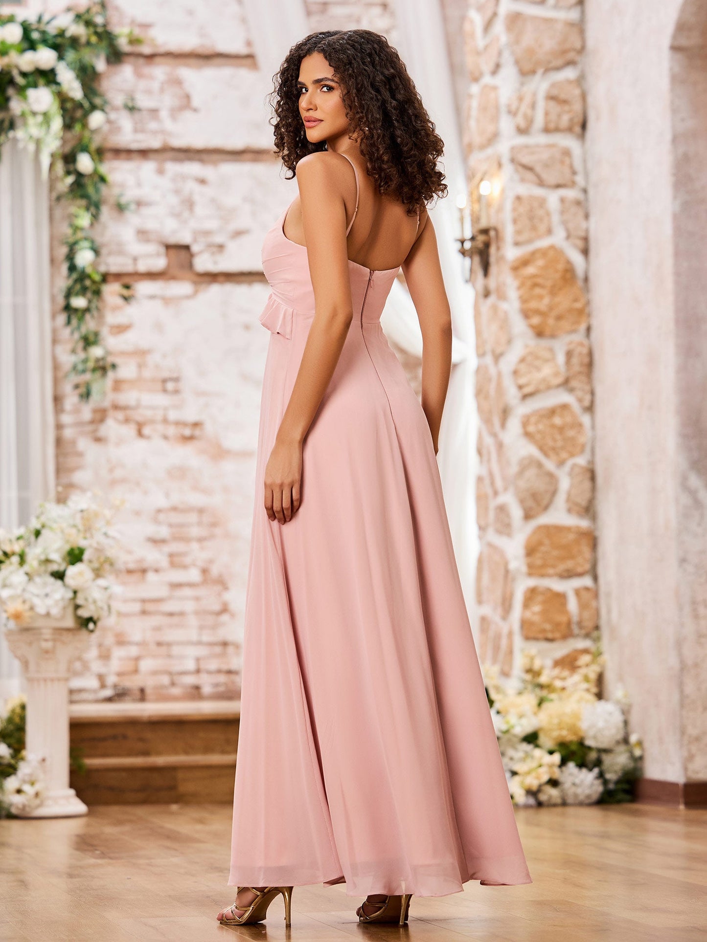 Spaghetti Straps A-line Chiffon Gowns with Ruffles Waist Dusty Rose