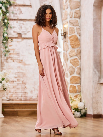 Spaghetti Straps A-line Chiffon Gowns with Ruffles Waist Dusty Rose