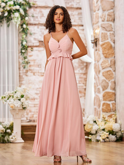 Spaghetti Straps A-line Chiffon Gowns with Ruffles Waist Dusty Rose