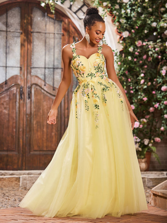 Floral Floor-length Appliqued Sweetheart Tulle Gowns Daffodil