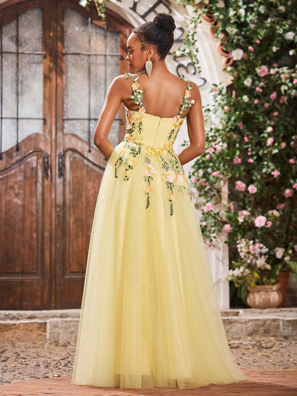 Floral Floor-length Appliqued Sweetheart Tulle Gowns Daffodil