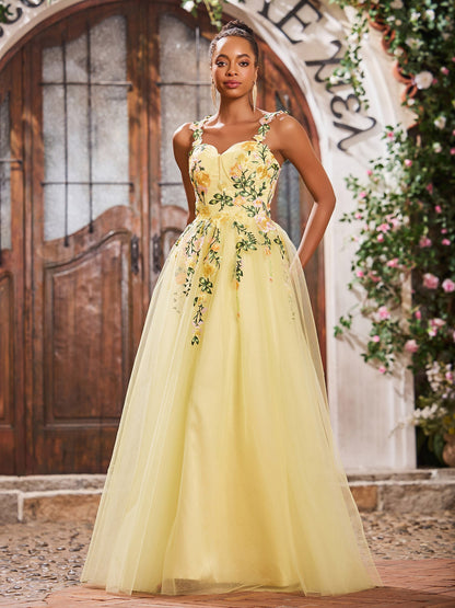 Floral Floor-length Appliqued Sweetheart Tulle Gowns Daffodil